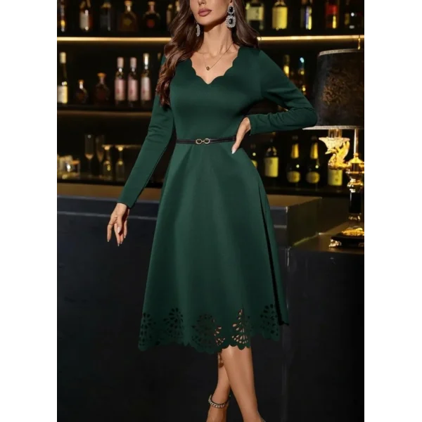 Kadın Uzun Kollu V Yakalı Lazer Kesim Detaylı Midi Ithal Krep Elbise