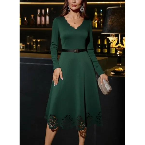 Kadın Uzun Kollu V Yakalı Lazer Kesim Detaylı Midi Ithal Krep Elbise