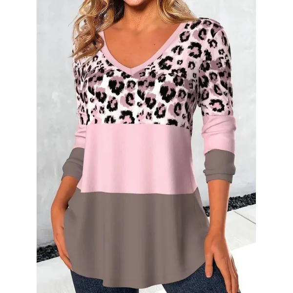 Kadın Uzun Kollu V Yakalı Leopar Baskılı şardonlu Dalgıç Bluz