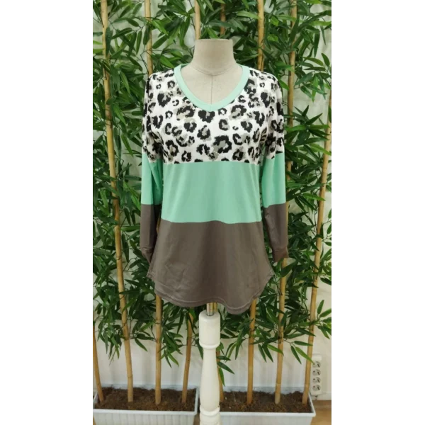 Kadın Uzun Kollu V Yakalı Leopar Baskılı şardonlu Dalgıç Bluz