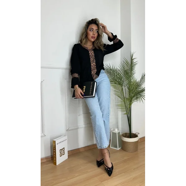 Kadın Uzun Kollu V Yakalı Leopar Detaylı Krep Bluz