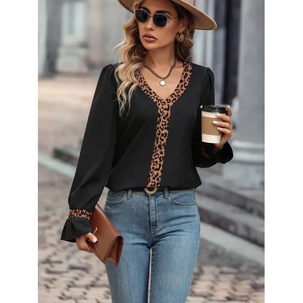 Kadın Uzun Kollu V Yakalı Leopar Detaylı Krep Bluz