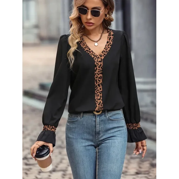 Kadın Uzun Kollu V Yakalı Leopar Detaylı Krep Bluz