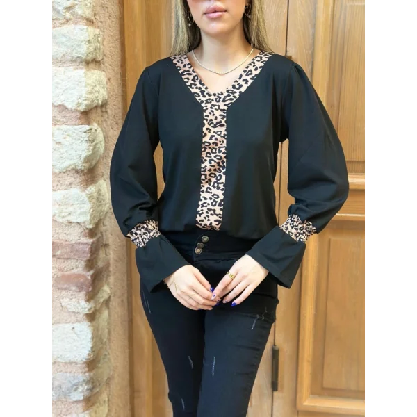 Kadın Uzun Kollu V Yakalı Leopar Detaylı Krep Bluz