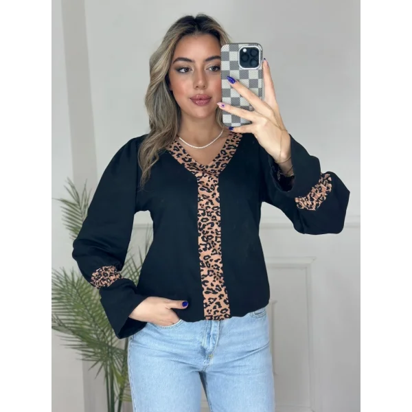 Kadın Uzun Kollu V Yakalı Leopar Detaylı Krep Bluz