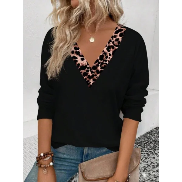Kadın Uzun Kollu V Yakalı Leopar Detaylı Viskon Iki Iplik Bluz