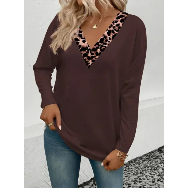 Kadın Uzun Kollu V Yakalı Leopar Detaylı Viskon Iki Iplik Bluz