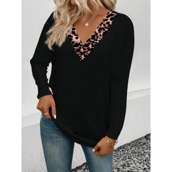 Kadın Uzun Kollu V Yakalı Leopar Detaylı Viskon Iki Iplik Bluz