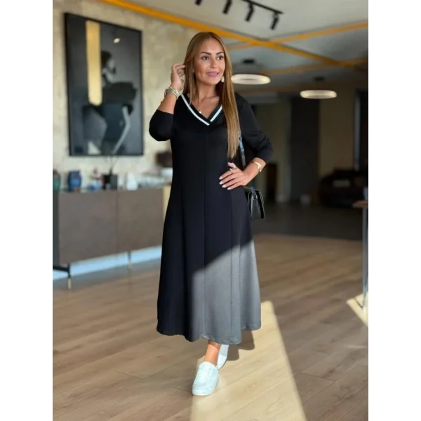 Kadın Uzun Kollu V Yakalı Midi Modal Elbise