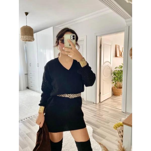 Kadın Uzun Kollu V Yakalı Mini Triko Elbise