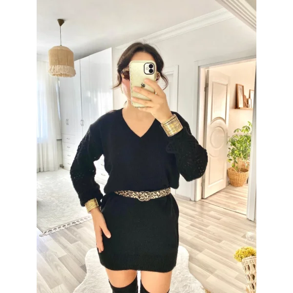 Kadın Uzun Kollu V Yakalı Mini Triko Elbise