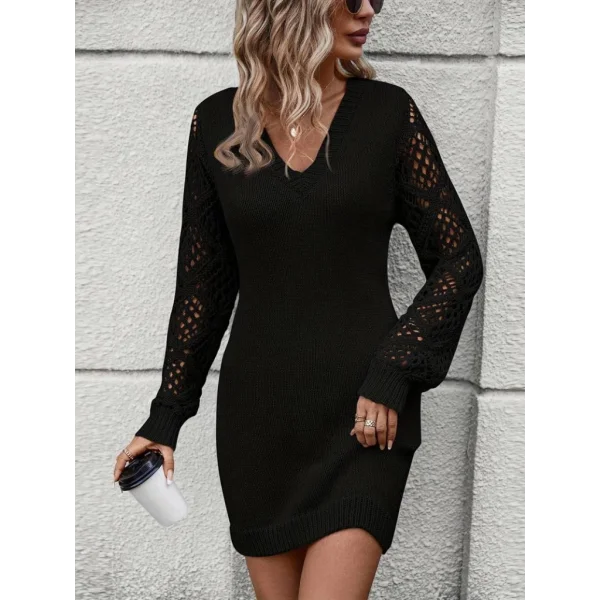 Kadın Uzun Kollu V Yakalı Mini Triko Elbise