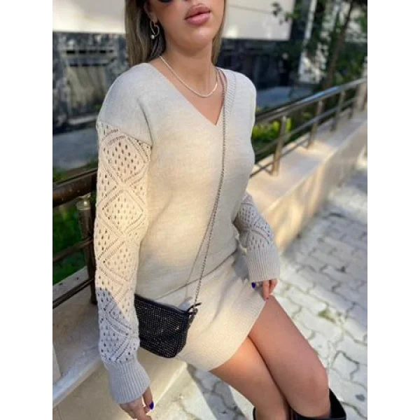 Kadın Uzun Kollu V Yakalı Mini Triko Elbise