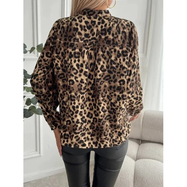 Kadın Uzun Kollu V Yakalı Modal Leopar Desenli Bluz