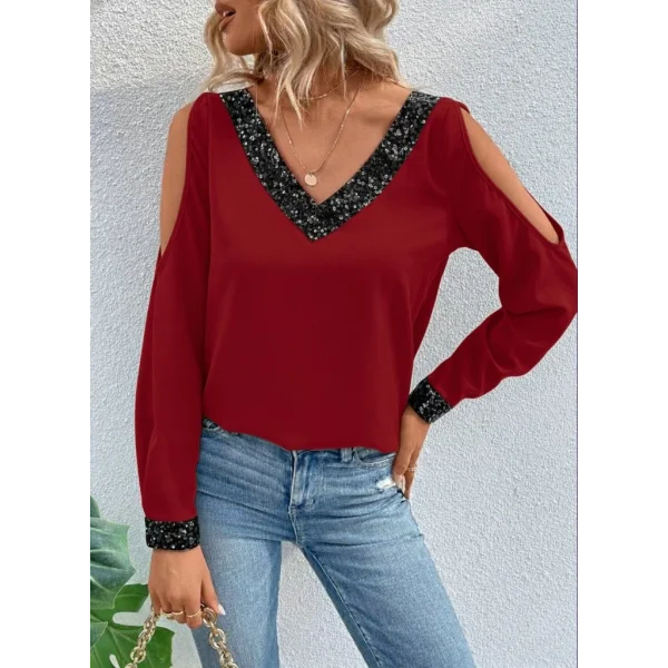 Kadın Uzun Kollu V Yakalı Omuzlardan Açık Sandy Bluz