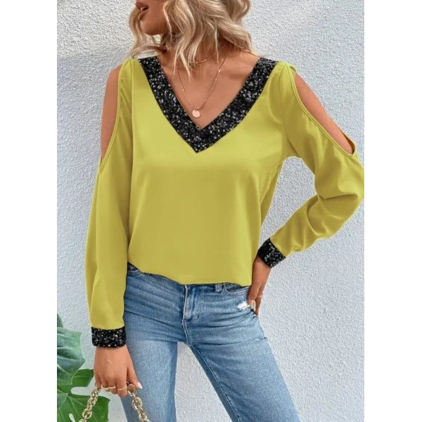 Kadın Uzun Kollu V Yakalı Omuzlardan Açık Sandy Bluz