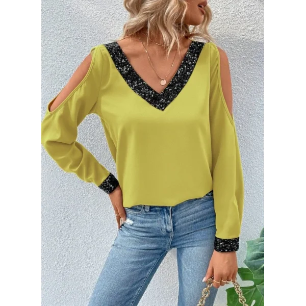 Kadın Uzun Kollu V Yakalı Omuzlardan Açık Sandy Bluz
