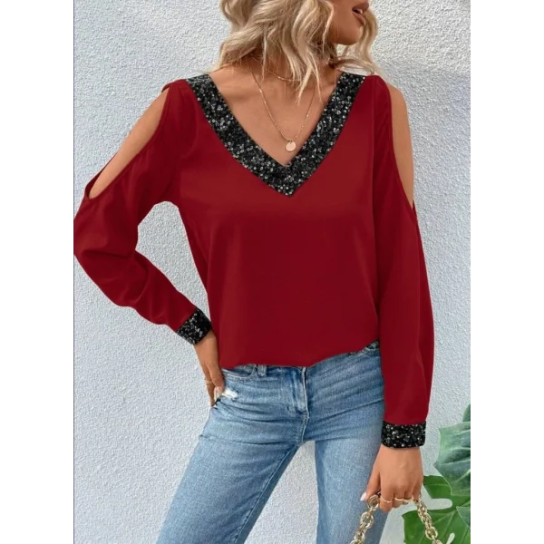 Kadın Uzun Kollu V Yakalı Omuzlardan Açık Sandy Bluz