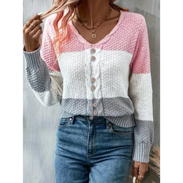 Kadın Uzun Kollu V Yakalı önden Düğmeli çok Renkli Bluz