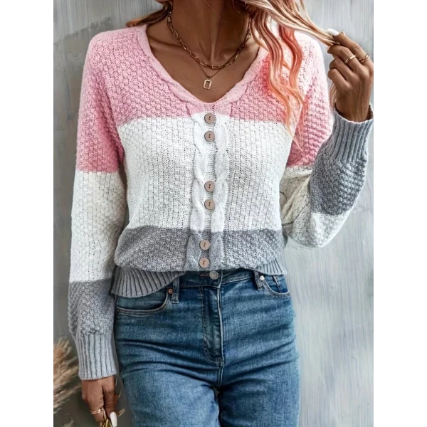 Kadın Uzun Kollu V Yakalı önden Düğmeli çok Renkli Bluz