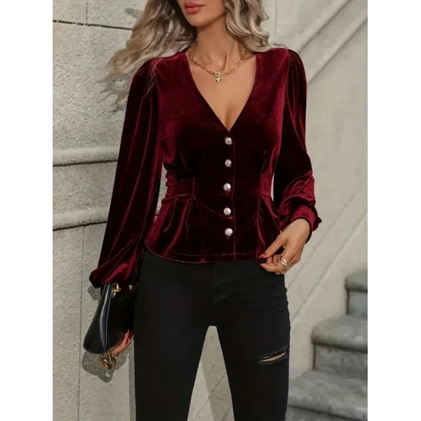 Kadın Uzun Kollu V Yakalı önden Düğmeli Kısa Kadife Bluz