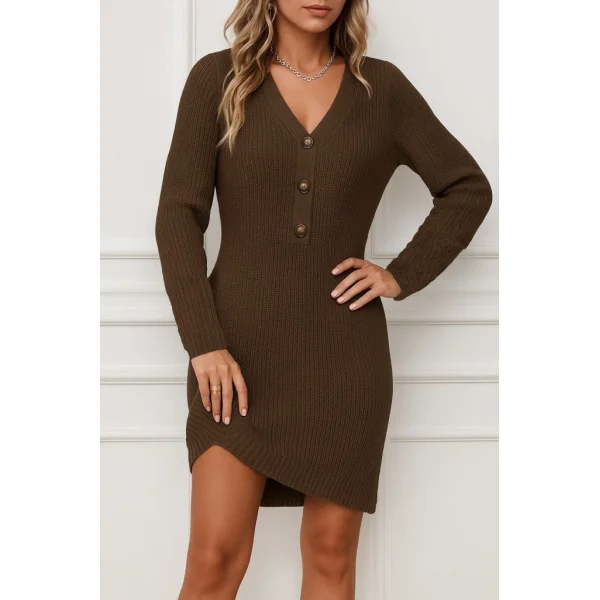 Kadın Uzun Kollu V Yakalı önden Düğmeli Kısa Triko Elbise