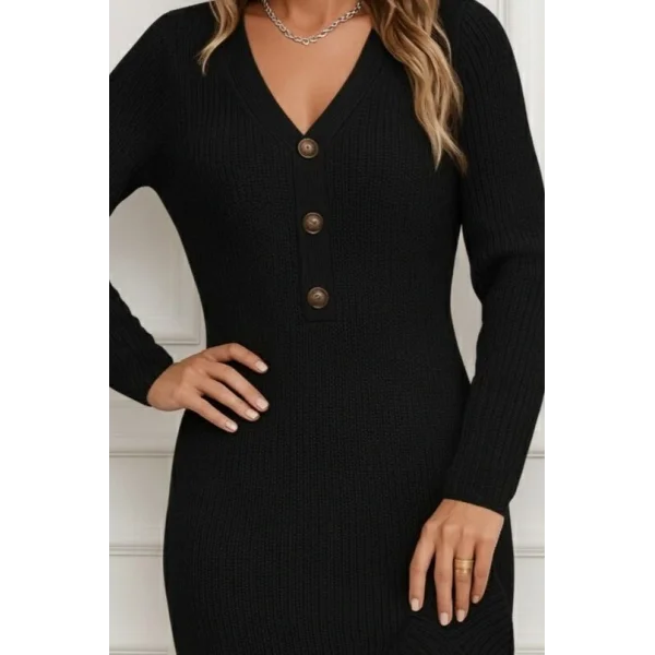 Kadın Uzun Kollu V Yakalı önden Düğmeli Kısa Triko Elbise