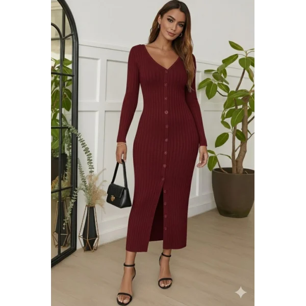 Kadın Uzun Kollu V Yakalı önden Düğmeli şardonlu Kaşkorse Elbise