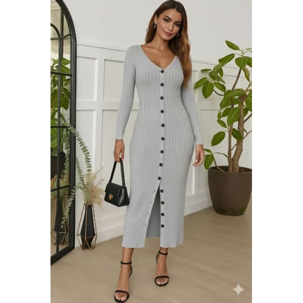 Kadın Uzun Kollu V Yakalı önden Düğmeli şardonlu Kaşkorse Elbise