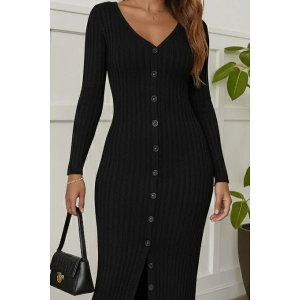 Kadın Uzun Kollu V Yakalı önden Düğmeli şardonlu Kaşkorse Elbise