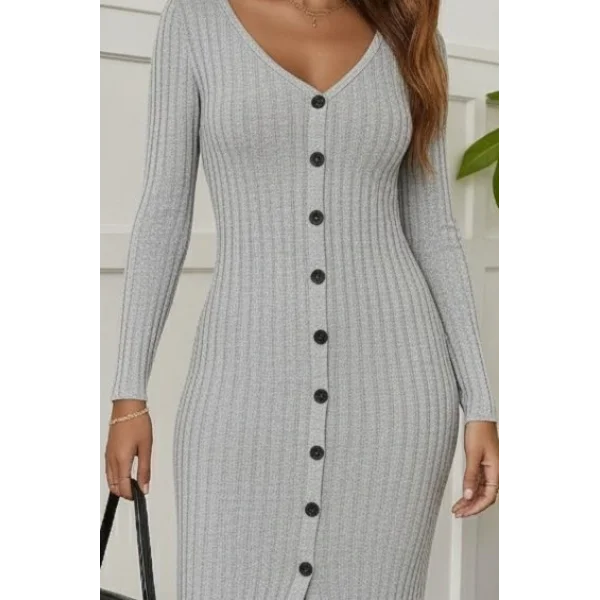 Kadın Uzun Kollu V Yakalı önden Düğmeli şardonlu Kaşkorse Elbise