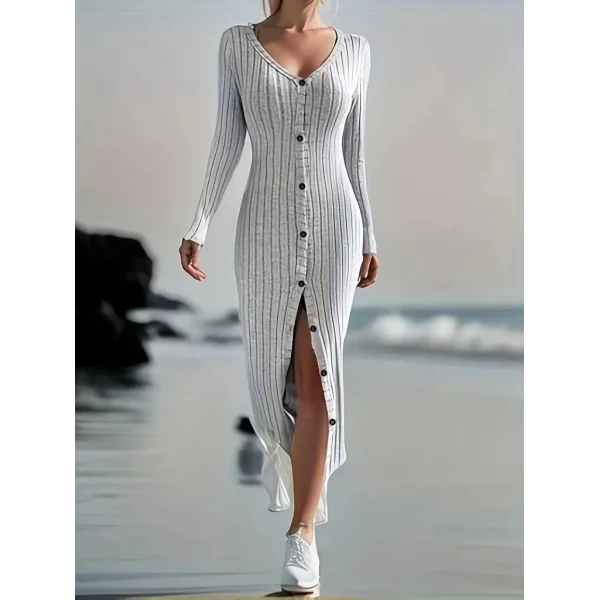 Kadın Uzun Kollu V Yakalı önden Düğmeli şardonlu Kaşkorse Elbise