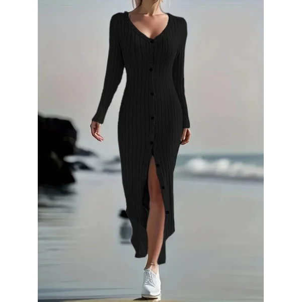 Kadın Uzun Kollu V Yakalı önden Düğmeli şardonlu Kaşkorse Elbise