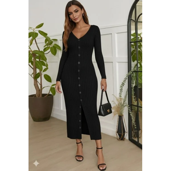 Kadın Uzun Kollu V Yakalı önden Düğmeli şardonlu Kaşkorse Elbise