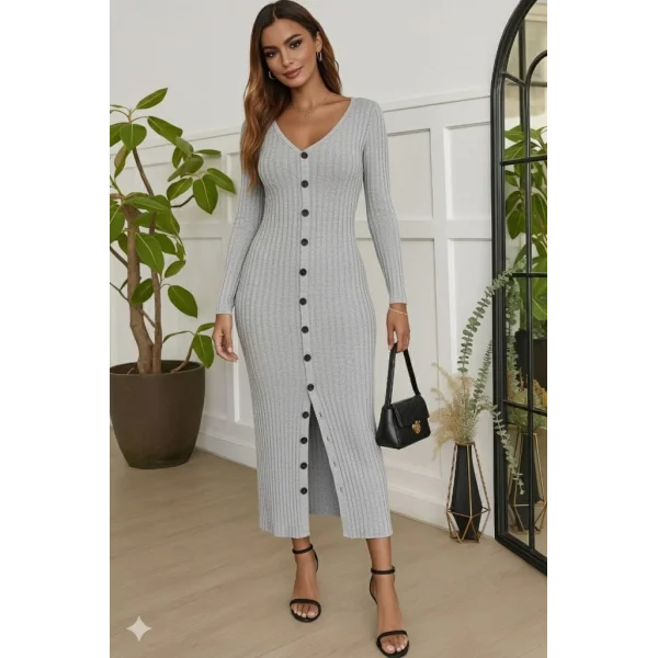 Kadın Uzun Kollu V Yakalı önden Düğmeli şardonlu Kaşkorse Elbise