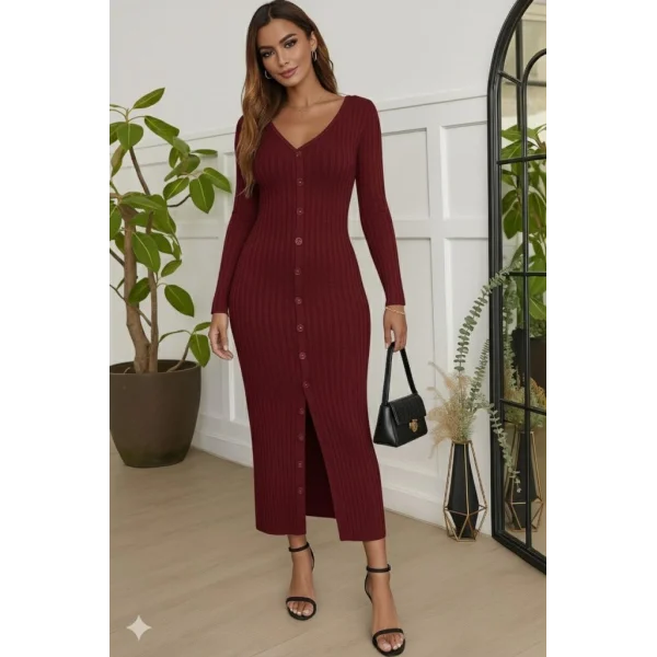 Kadın Uzun Kollu V Yakalı önden Düğmeli şardonlu Kaşkorse Elbise