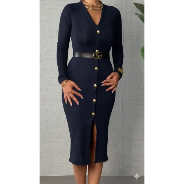 Kadın Uzun Kollu V Yakalı önden Düğmeli Yırtmaçlı Modal Midi Kemersiz Elbise