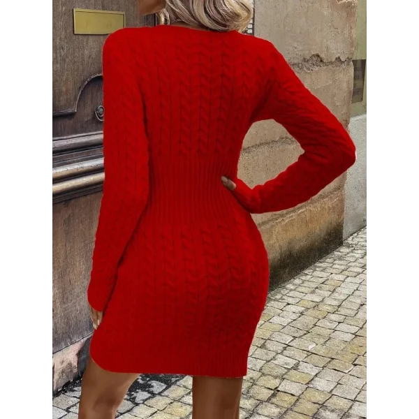 Kadın Uzun Kollu V Yakalı önden Fermuarlı Kısa Triko Elbise