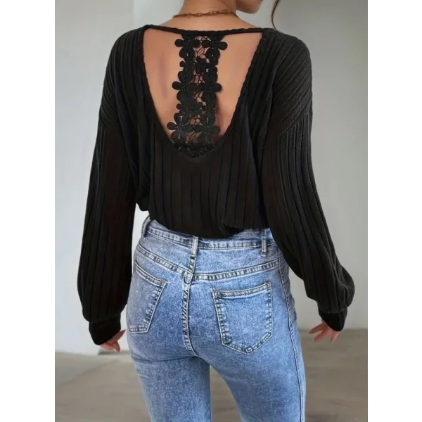 Kadın Uzun Kollu V Yakalı Pencere Sırt Dantel Detaylı Kalın Fitilli Kaşkorse Bluz