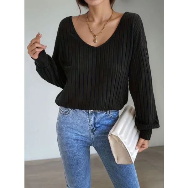 Kadın Uzun Kollu V Yakalı Pencere Sırt Dantel Detaylı Kalın Fitilli Kaşkorse Bluz