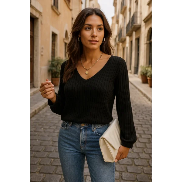 Kadın Uzun Kollu V Yakalı Pencere Sırt Dantel Detaylı Kalın Fitilli Kaşkorse Bluz