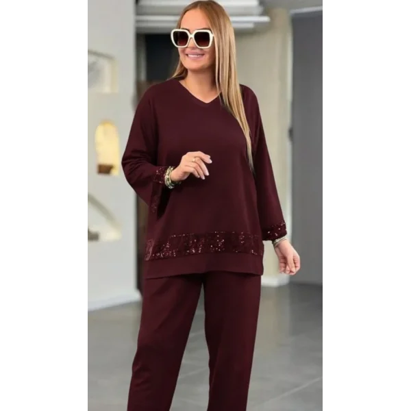 Kadın Uzun Kollu V Yakalı Pulpayet Viskon Iki Iplik Bluz Ve Pantolon Takım