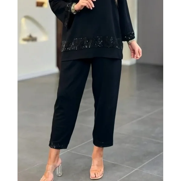 Kadın Uzun Kollu V Yakalı Pulpayet Viskon Iki Iplik Bluz Ve Pantolon Takım