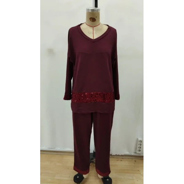 Kadın Uzun Kollu V Yakalı Pulpayet Viskon Iki Iplik Bluz Ve Pantolon Takım