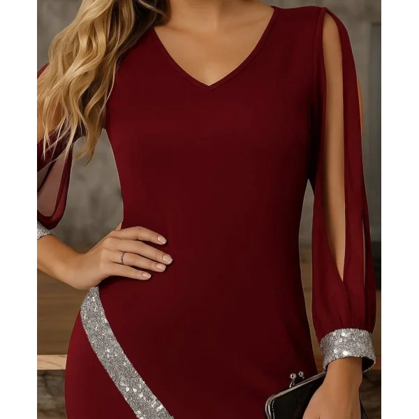 Kadın Uzun Kollu V Yakalı Pulpayetli Ithal Krep Elbise