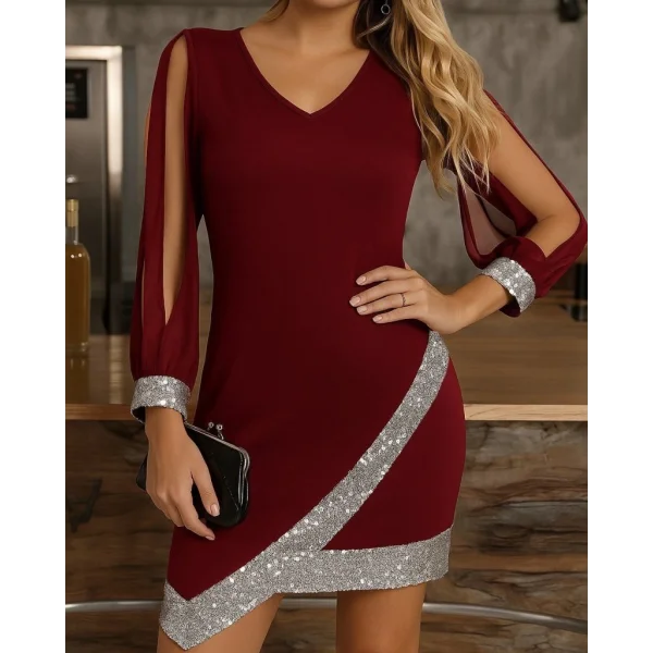 Kadın Uzun Kollu V Yakalı Pulpayetli Ithal Krep Elbise