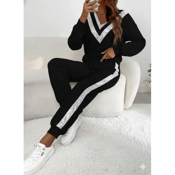 Kadın Uzun Kollu V Yakalı Pulpayetli Viskon Iki Iplik Bluz Ve Pantolon