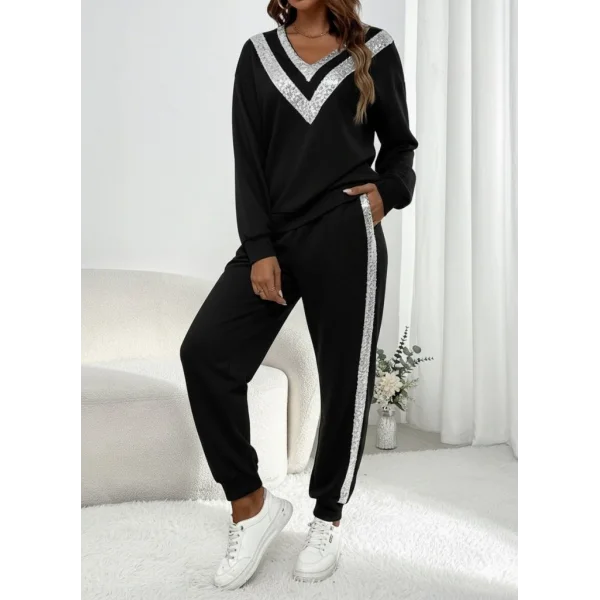 Kadın Uzun Kollu V Yakalı Pulpayetli Viskon Iki Iplik Bluz Ve Pantolon