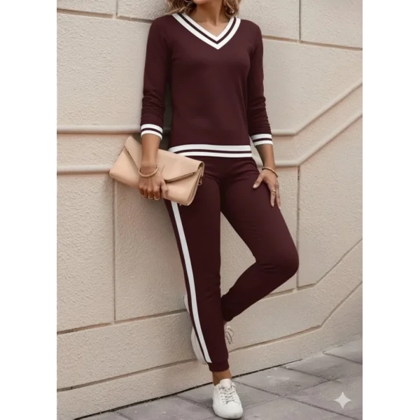 Kadın Uzun Kollu V Yakalı Ribanalı Viskon Iki Iplik Bluz Ve Pantolon Ikili Takım