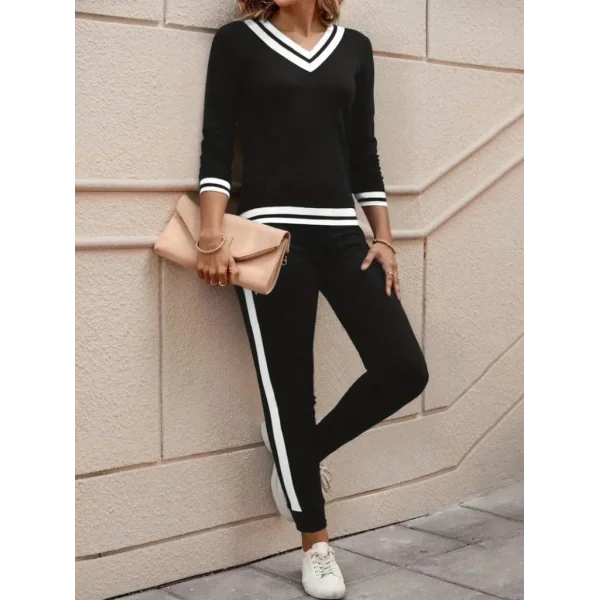 Kadın Uzun Kollu V Yakalı Ribanalı Viskon Iki Iplik Bluz Ve Pantolon Ikili Takım